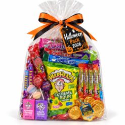 Halloween Pack 2026 cello bag with Zombie Chews, Warheads, Wicked Fizz, lollipops and chocolate gold coins