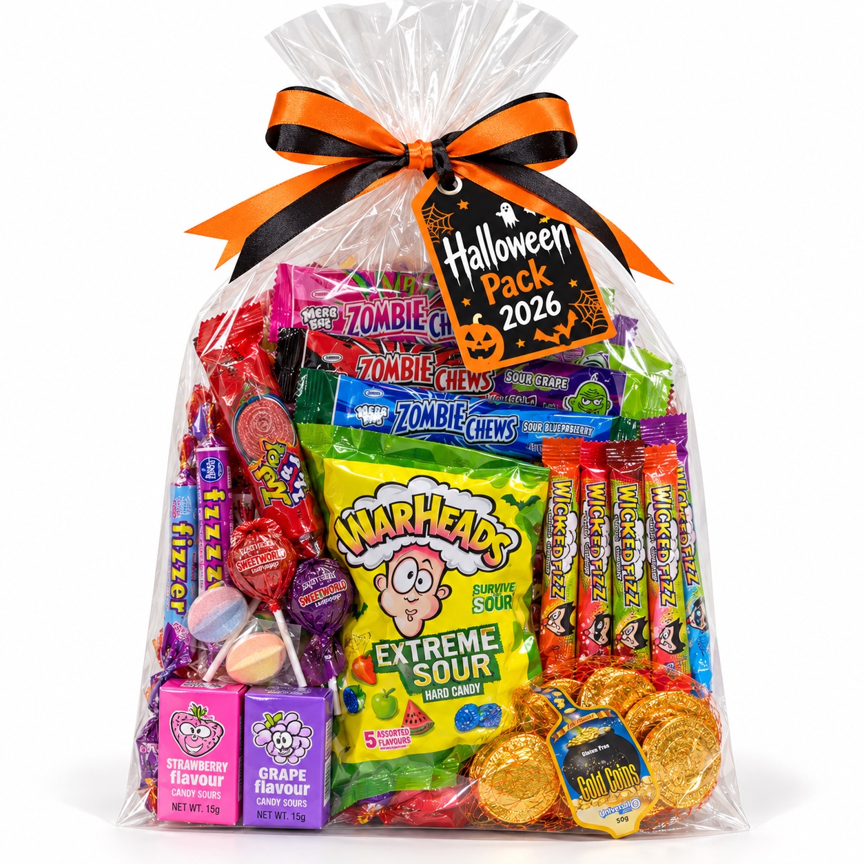 Halloween Pack 2026 – Cello Bag 1 Halloween Pack 2026 cello bag with Zombie Chews, Warheads, Wicked Fizz, lollipops and chocolate gold coins