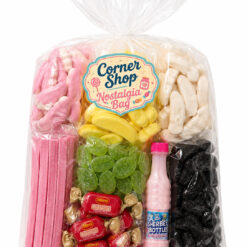 SweetsWorld Corner Shop Nostalgia Bag — classic Aussie lollies including milk bottles, bananas, strawberries and cream, musk sticks, spearmint leaves, black cats and a sherbet bottle