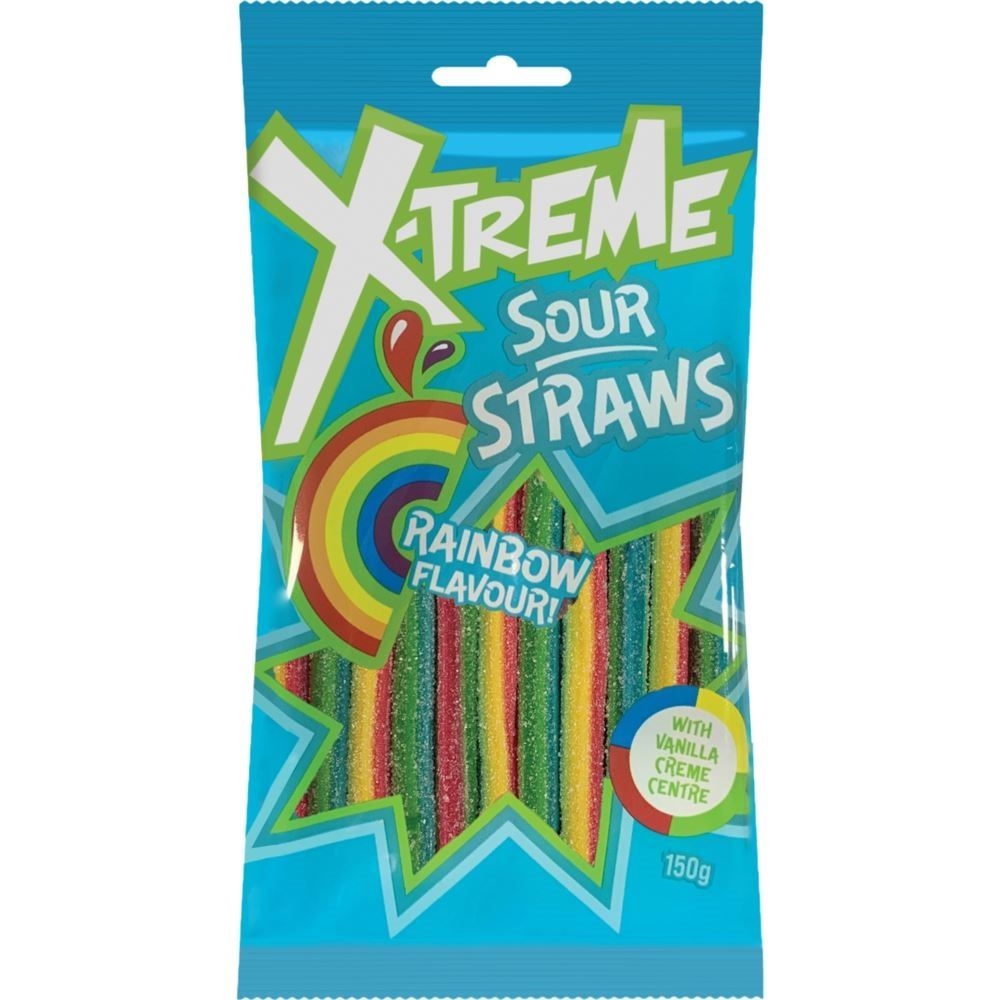 XTREME SOUR STRAWS RAINBOW 150G (12) 1 XTREME SOUR STRAWS RAINBOW 150G (12)