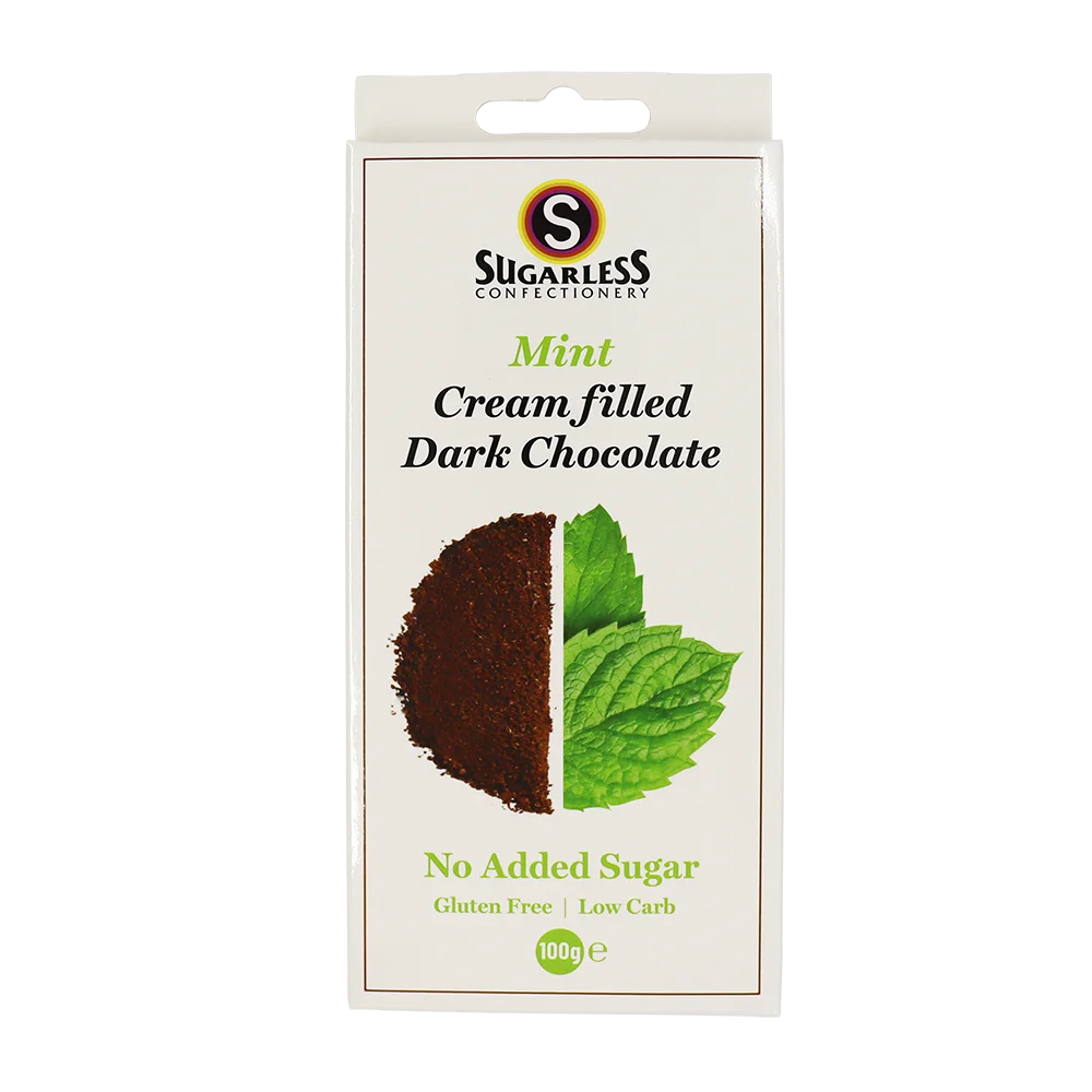 Sugarless Strawberry Cream filled Dark Choc Block 100g 1 Mint Cream filled Dark Choc Block 100g