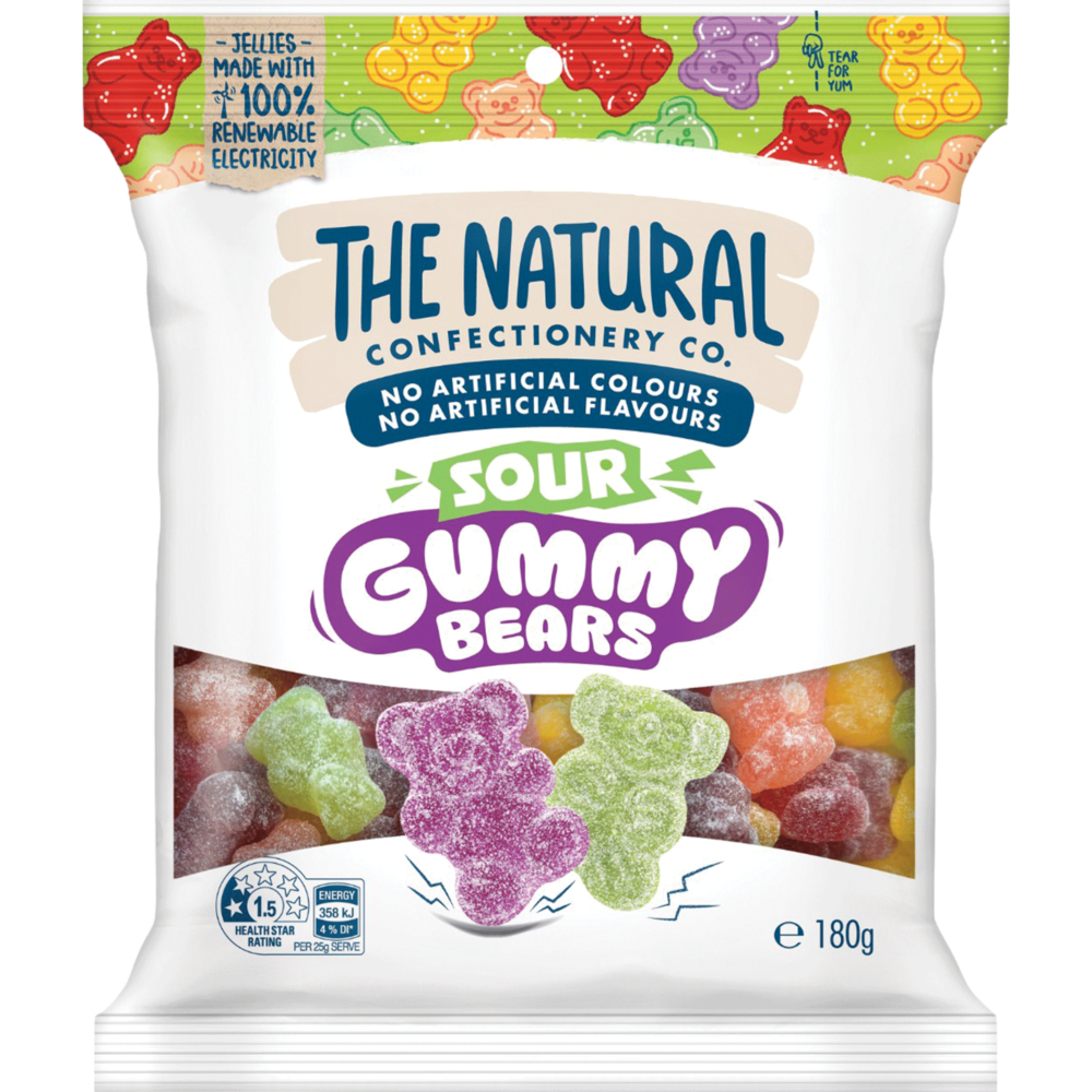 Natural Confectionery Co. Sour Gummy Bears 180g (Box of 18) 1 Natural Confectionery Co. Sour Gummy Bears 180g (Box of 18)