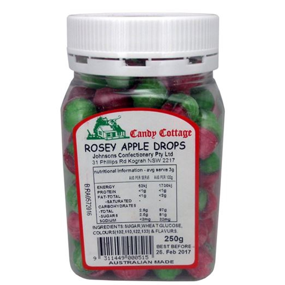 Candy Cottage Rosey Apple Drops 250g (Box of 12) 1 Candy Cottage Rosey Apple Drops 250g (Box of 12)