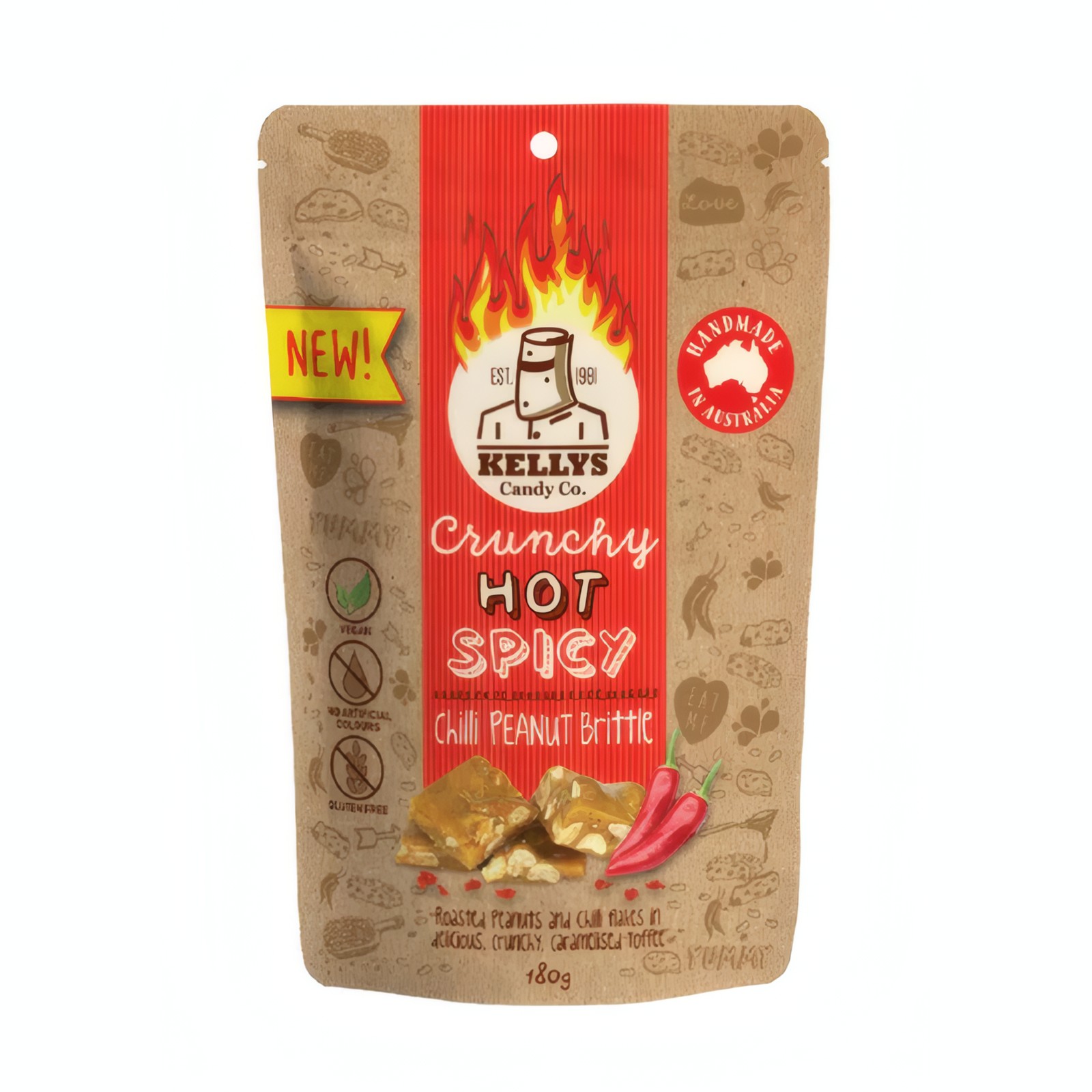 Kelly's Crunchy Hot Spicy Chilli Peanut Brittle 180g (VEGAN) 1 Kelly's Crunchy Hot Spicy Chilli Peanut Brittle 180g (VEGAN)